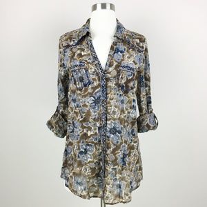 BKE Embroidered Beaded Button Up Tab Sleeve Top Blouse Shirt Small S